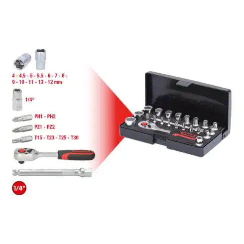 1/4" Coffret de douilles, 23 pcs.