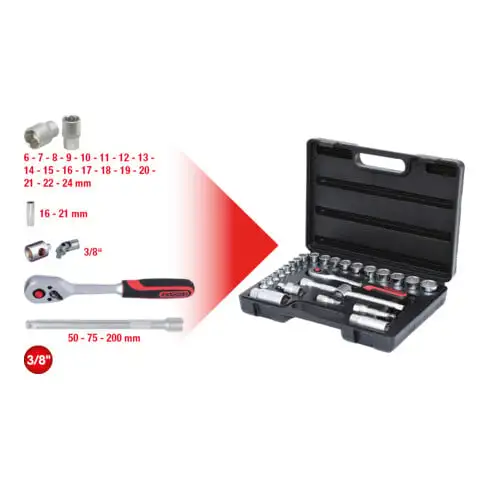 3/8" Coffret de douilles, 26 pcs.