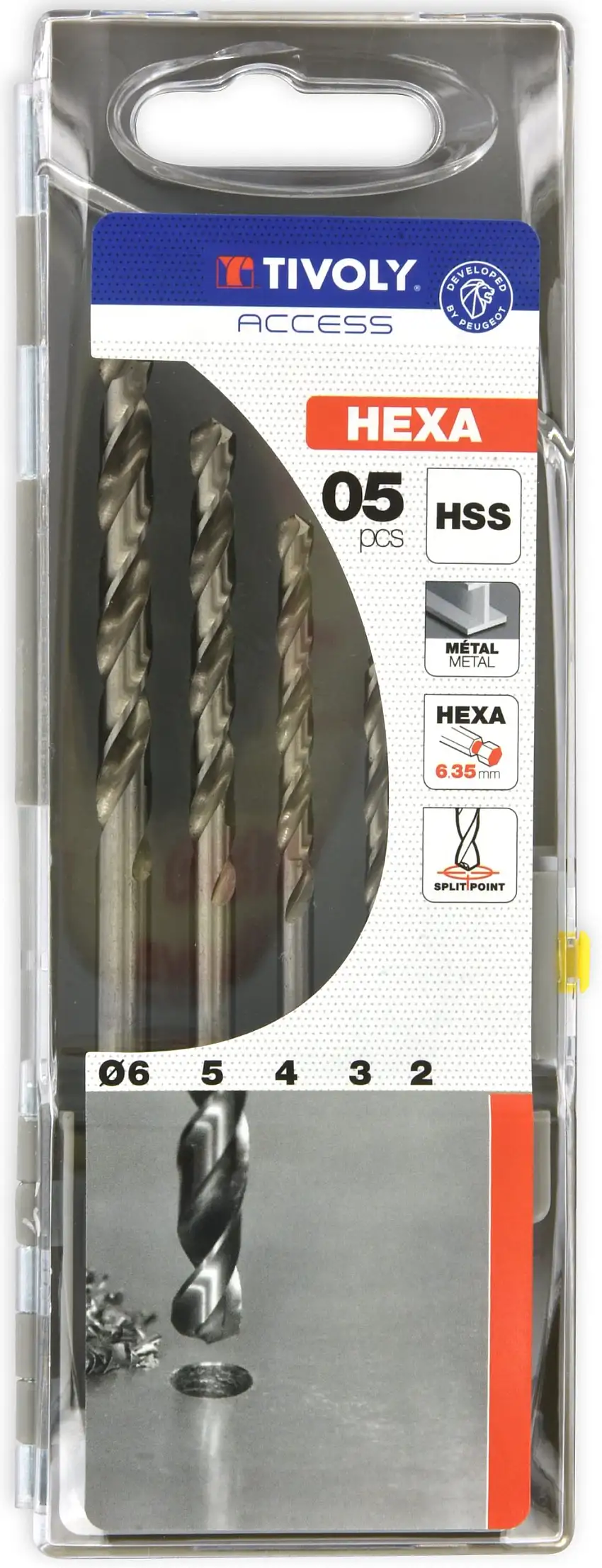 Tivoly   5 forets métaux HSS rectifiés queue hexagonale 6,35mm Ø 2 à 6mm