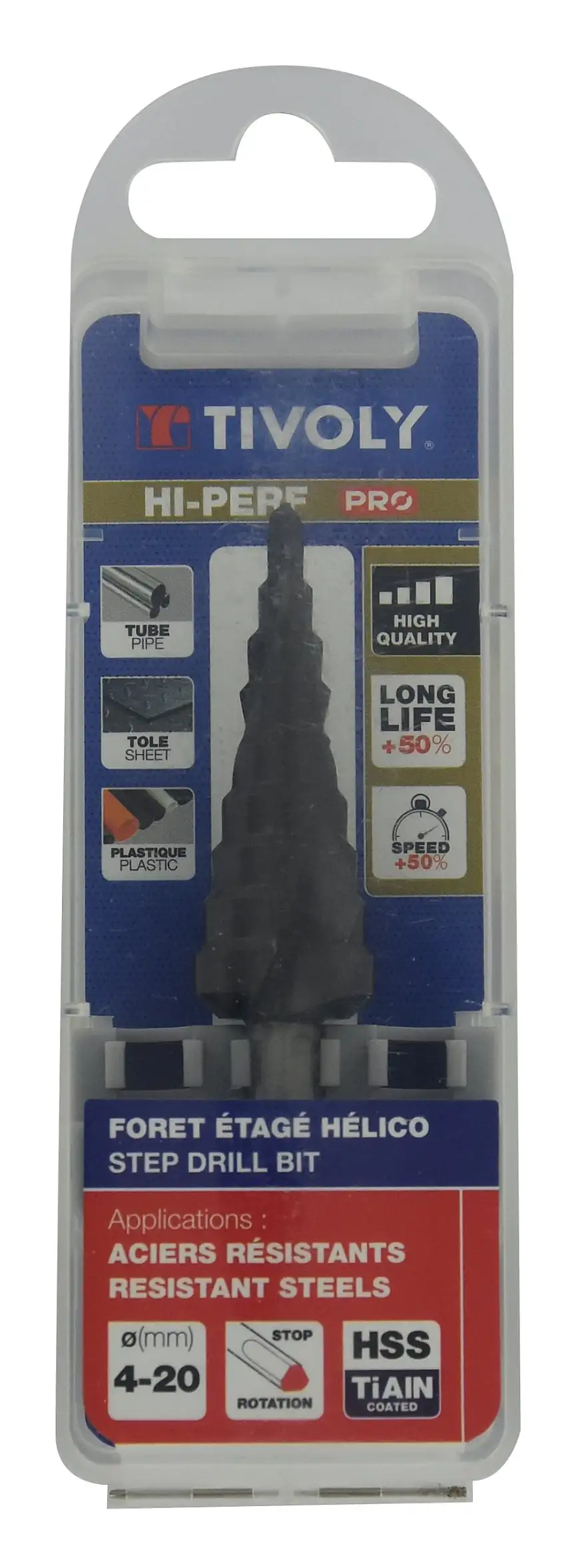 Tivoly   Foret conique étagé HSS -Revêtu TiAlN -TivolyNorm -Hélicoïdal -Pointe en croix -Queue à 3 méplats (Boite brochable) / ØMin/Max : 4/20