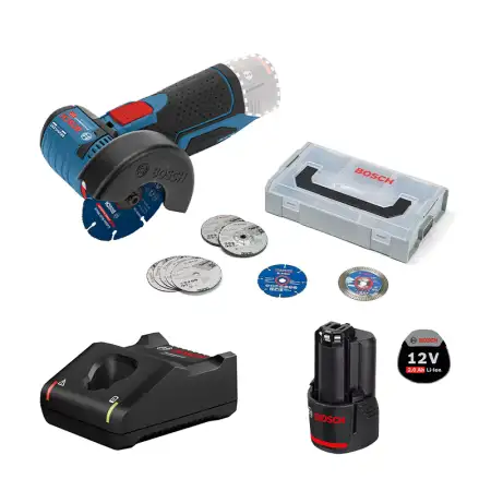 Pack Meuleuse Ø76 mm GWS 12V-76 + 1 batterie 12V 2 Ah + chargeur GAL 12V-40 + Coffret 9 disques BOSCH
