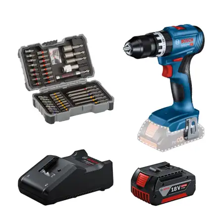 Pack Perceuse-visseuse à percussion GSB 18V-45 + 1 batterie GBA 18V 4 Ah + chargeur GAL 18V-40 + coffret d'embouts BOSCH