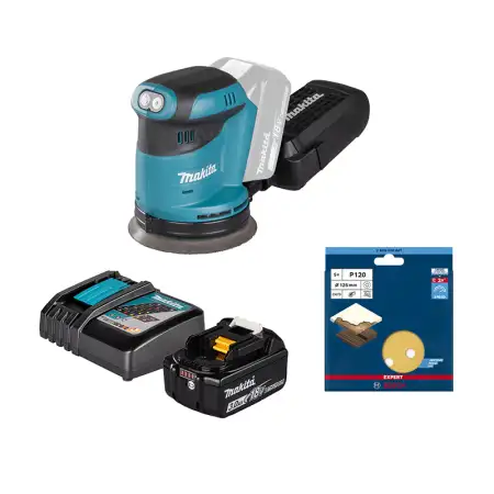 Pack ponceuse excentrique Ø125mm DBO180Z + Batterie BL1830B 3 Ah + Chargeur DC18RC MAKITA + 5 abrasifs C470 Grain 120 BOSCH