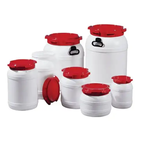 Tonnelet cylindrique 55,0 l blanc avec couvercle rouge avec 2 poignées de transp